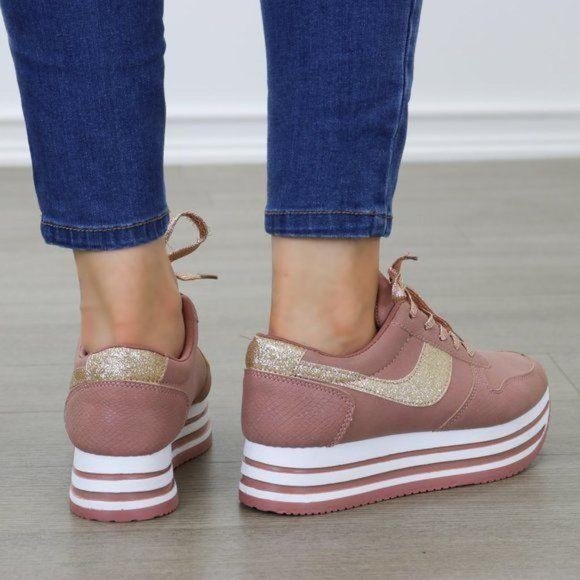 Glittery Pink & White Chunky Platform Sneakers - Picture 6 of 8